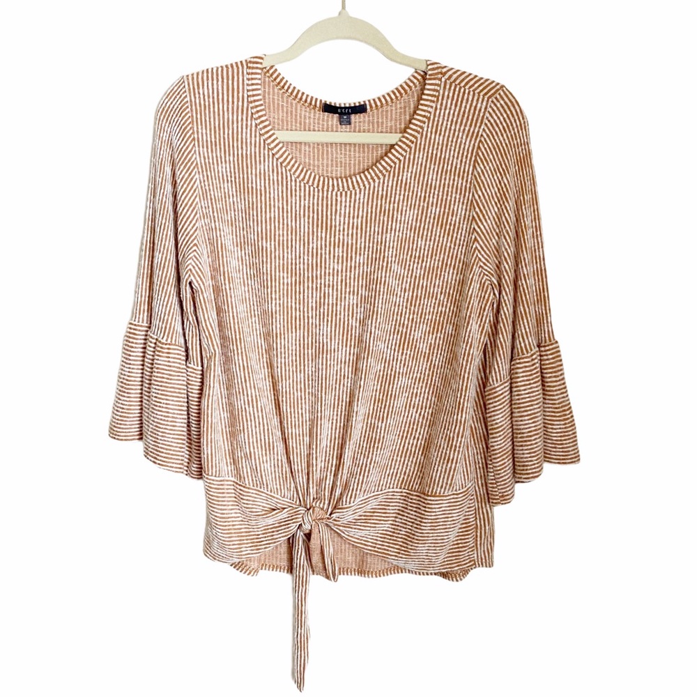 Gyft Textured Stripe Front Tie Top Bell Sleeves M